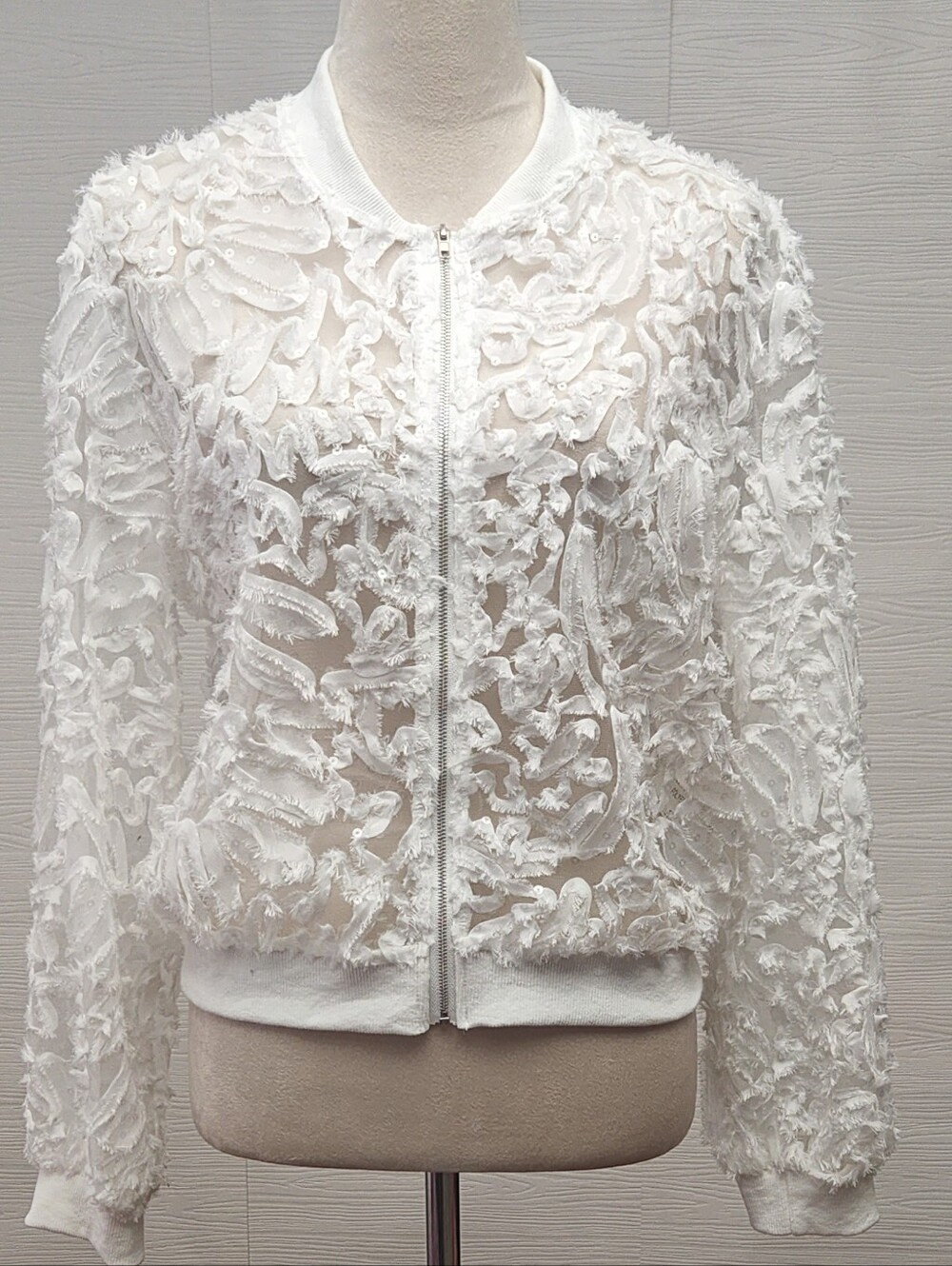 Choklate Paris Women's White Sheer 3D Fringe Sequin Bomber Jacket Zip Front Sz S